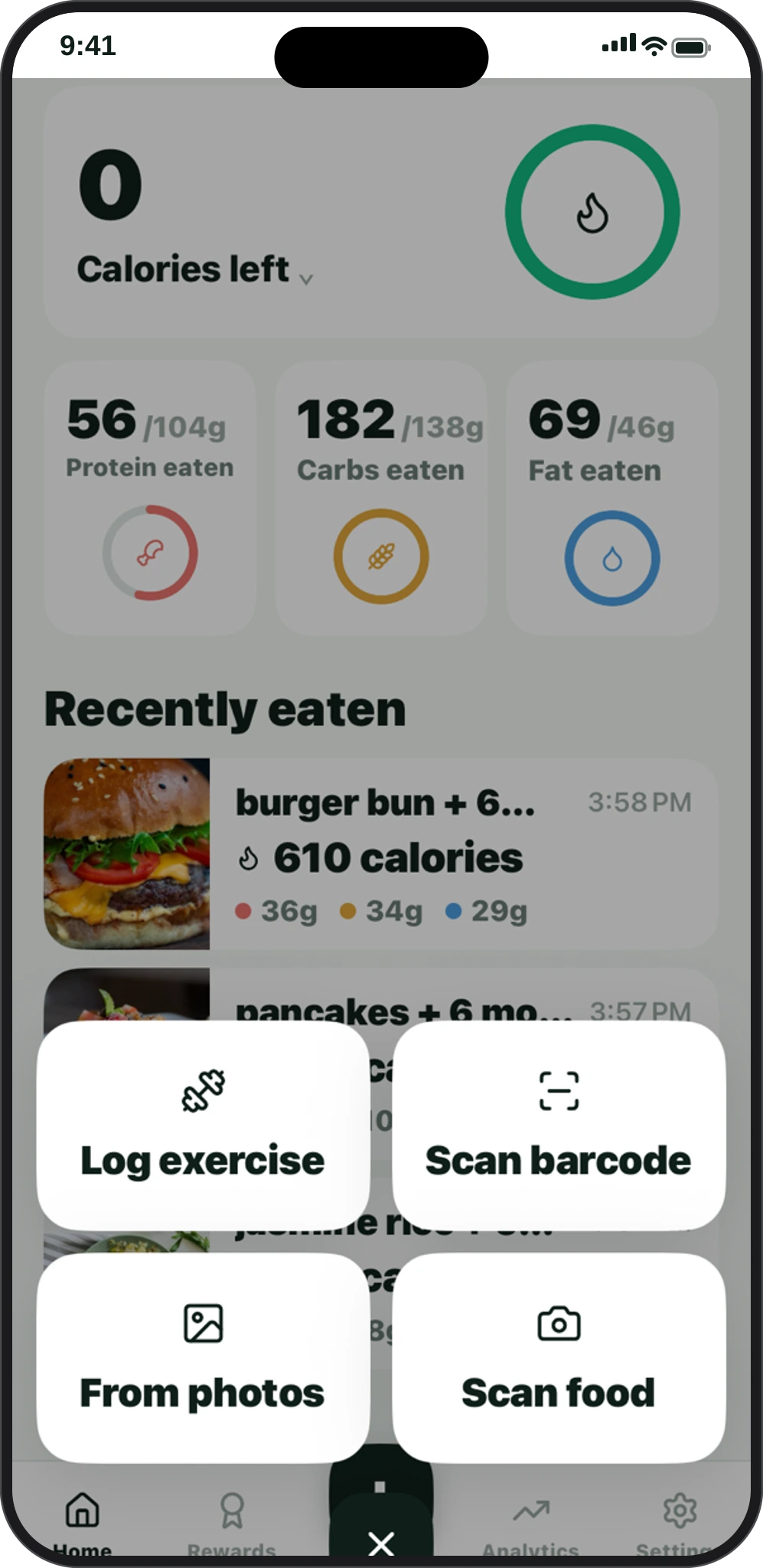 Slimming app screen showing four ways to log: photo scan, barcode scan, photo library import, and manual entry