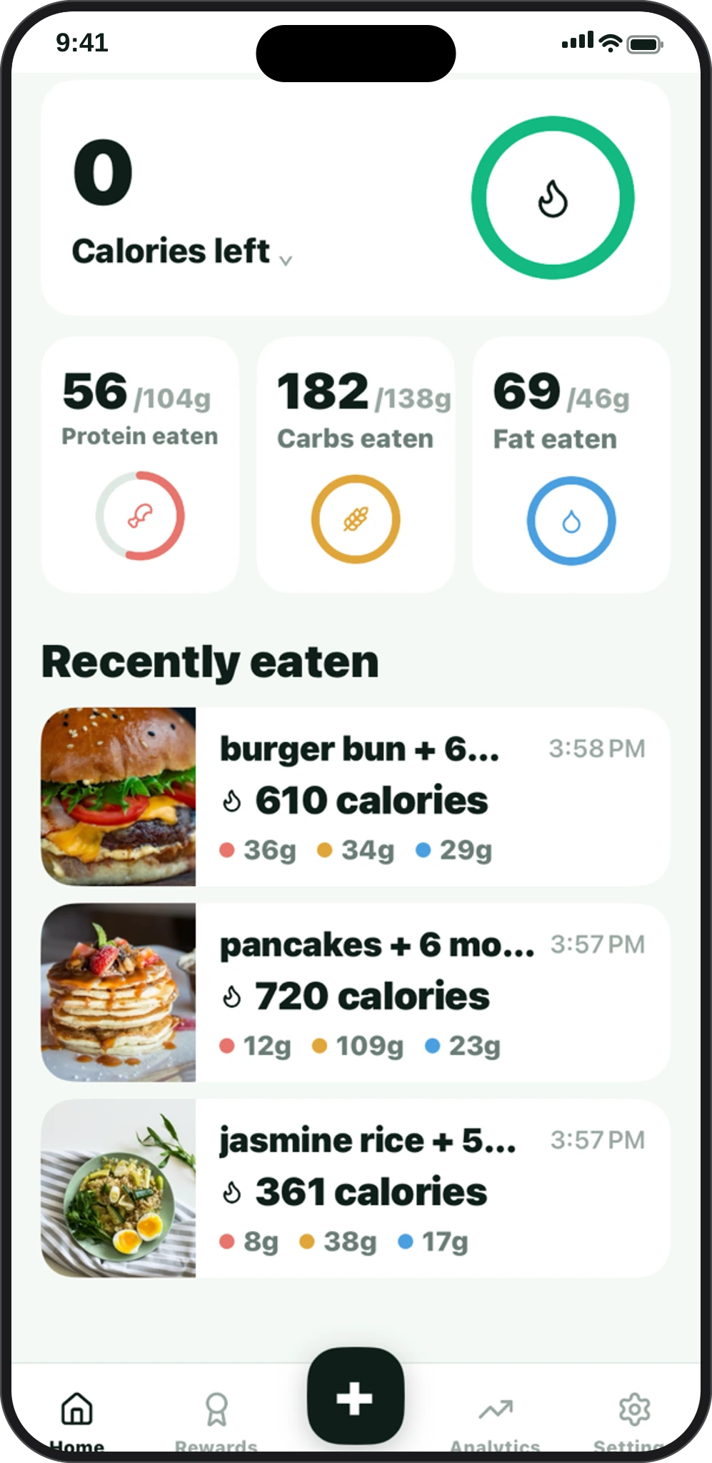 Slimming app screen showing macro totals and two logged meals, each a real food photo with its calories, protein, carbs and fat