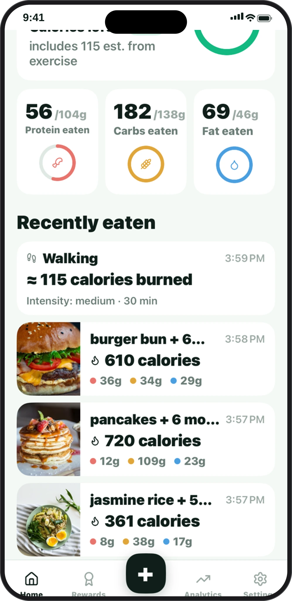 Slimming app screen showing exercise and workout logging alongside meal logging